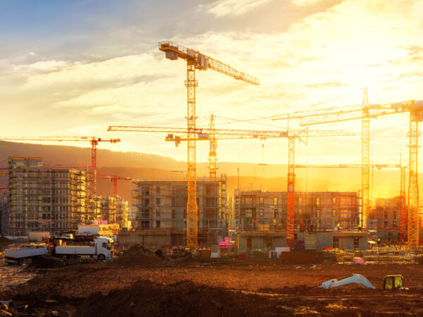 Large construction site including several cranes, with lots of gold sunlight